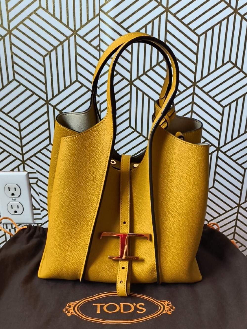 TOD'S Mustard Yellow Pebbled Small Leather Tote with Signature T Buckle